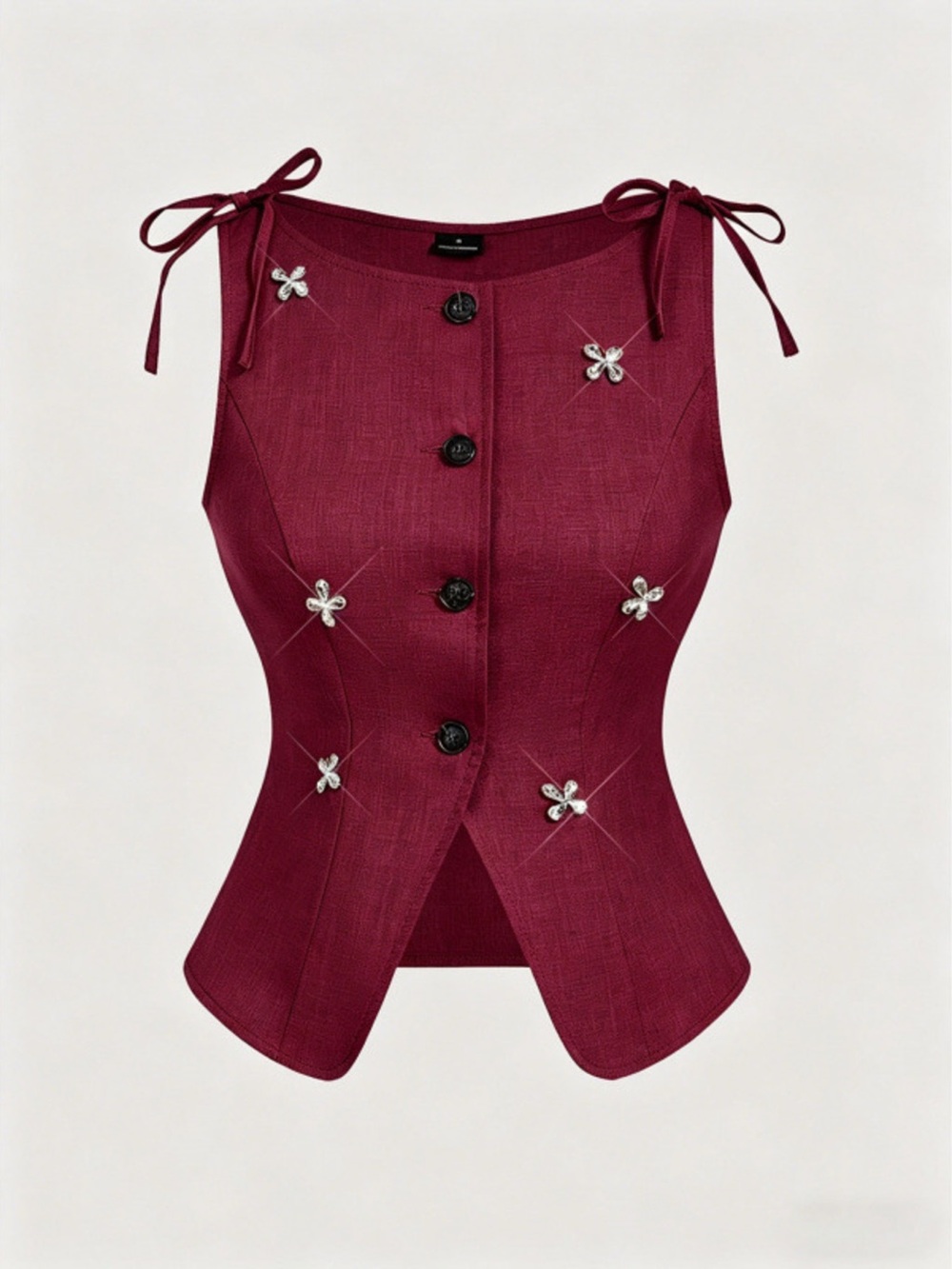 Button-Front Floral Decor Tie Shoulder Vest